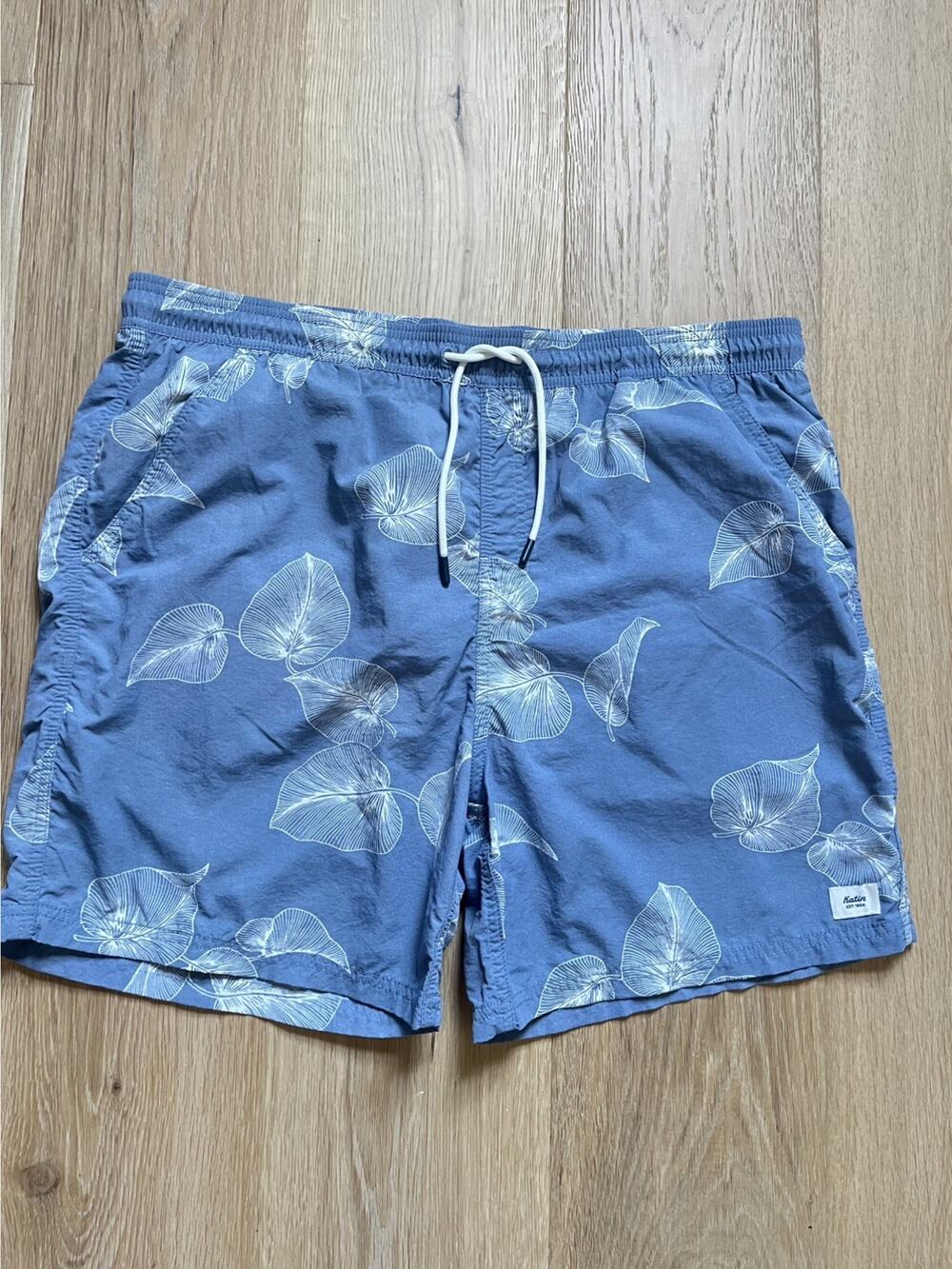Katin Blue Swim Trunks with White Leaf Print